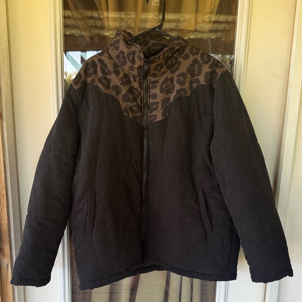 Crazy Train Black and Brown Leopard Puffer Jacket